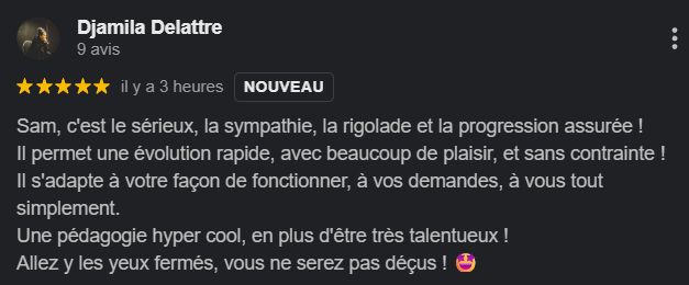 Avis Google de Djamila Delattre, 5 étoiles, à propos des ateliers de piano de Sam